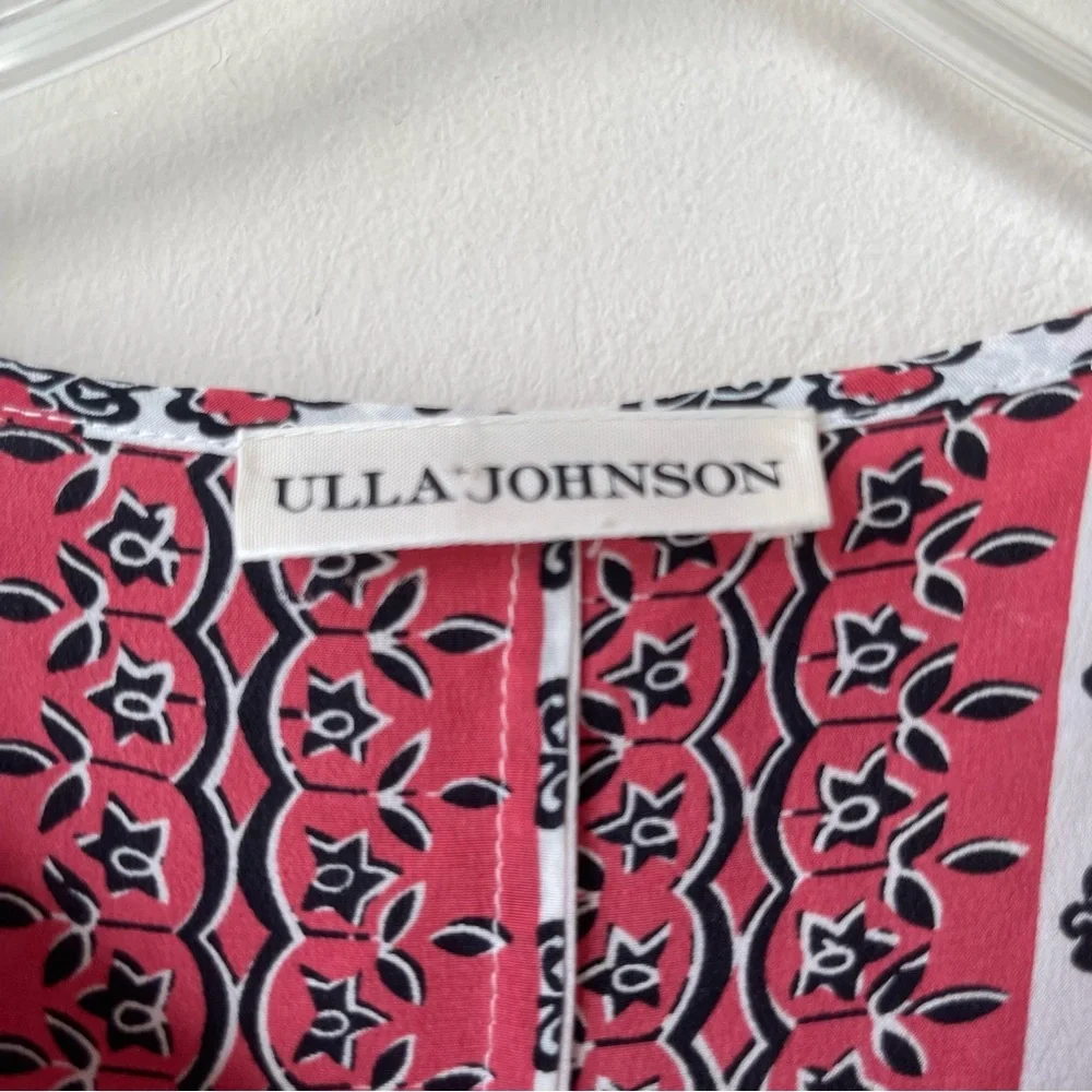 ULLA JOHNSON 100% Silk Printed Tie‎ Neck Peasant Blouse Red Black Cream Size 2